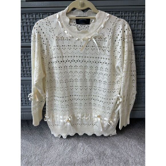 Simone Rocha Bow-detailed Scalloped Open-knit Sweater - Cream, $750 E22 - Picture 4 of 11